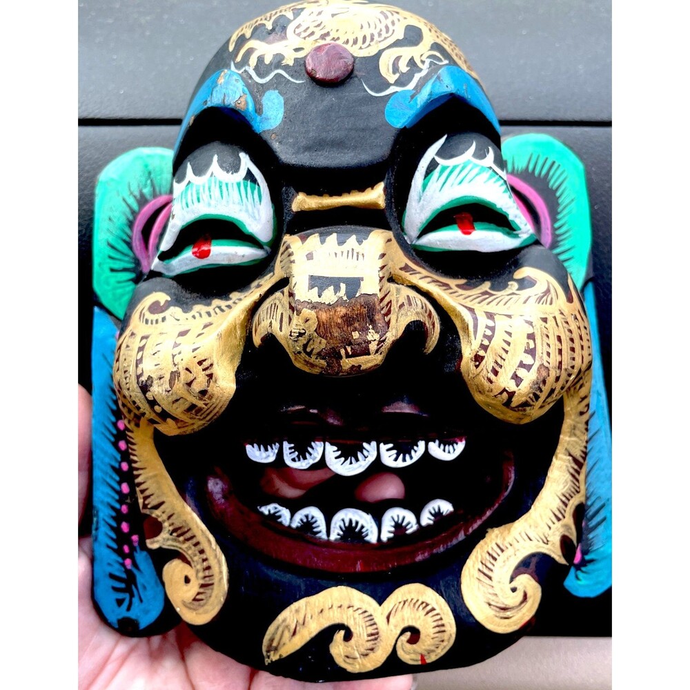 Carved Wood Buddha Mask Nepalese Tibetan Folk Art Wall Hanging